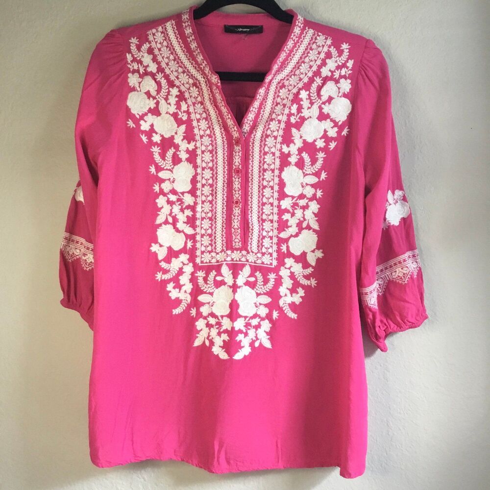 Bright pink white embroidered 3/4 length sleeve top button front boho hippie